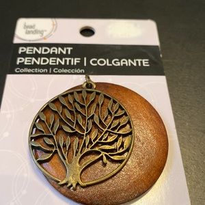 Tree of Life  brass like wood pendant with metal verdigris accent new